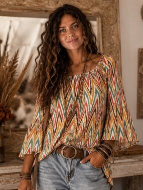 Voll Chevron Print Peasant Tunic in Multi Color Boho Size Small